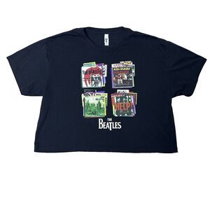 The Beatles Womens XL Crop Top Graphic Tee Let It Be Record Art Black Casual